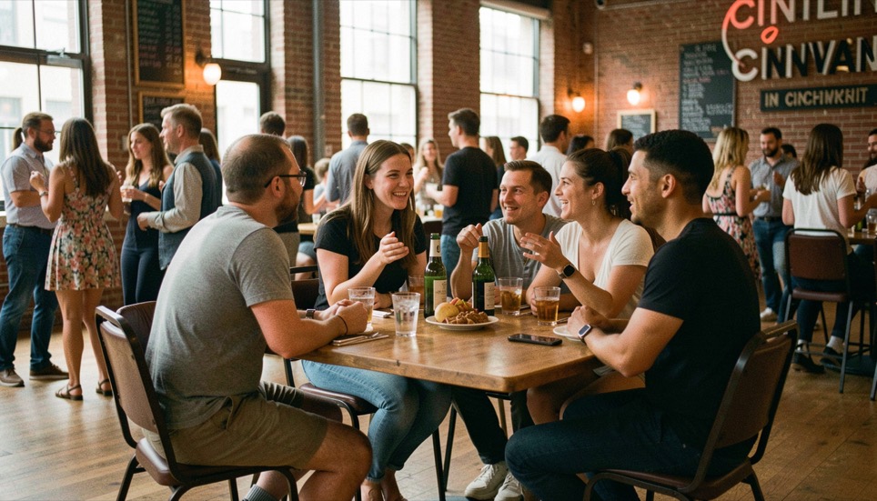 A quiet Cincinnati community room prepared for conversation and a small social dance gathering.