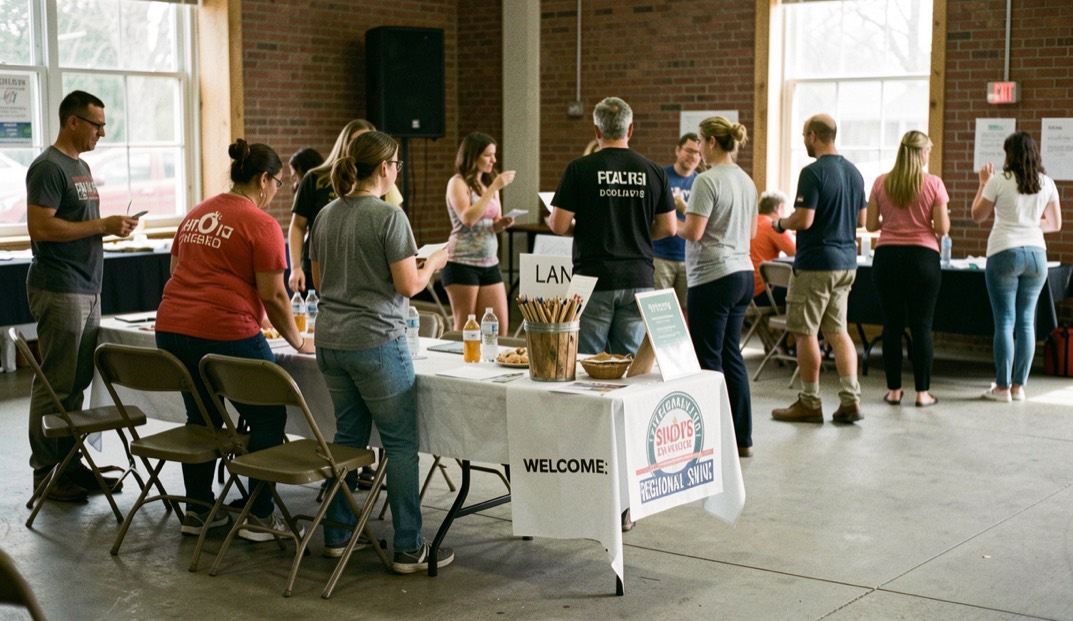Volunteers set out chairs and a welcome table before a regional swing dance begins.