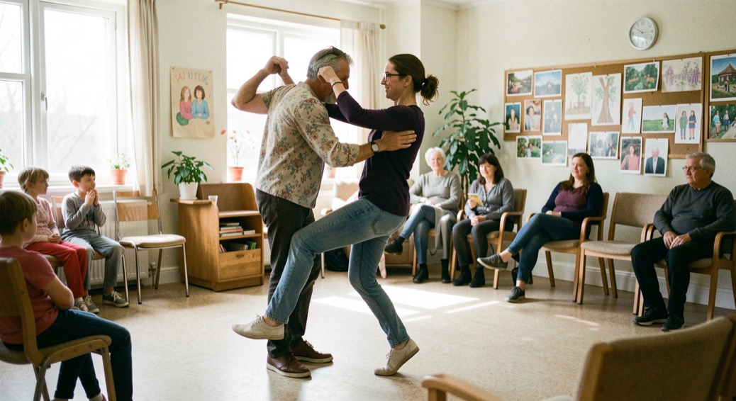 A patient instructor demonstrates a basic partner step while a new dancer watches from a bright community room.