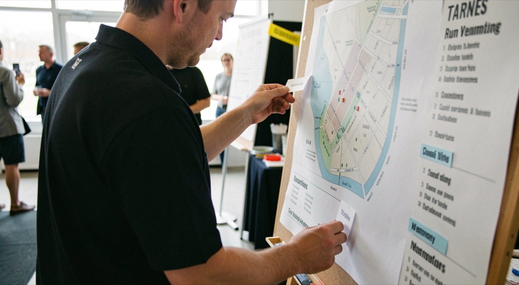 An event organiser checks a short run sheet beside a venue map, name tags and floor tape.