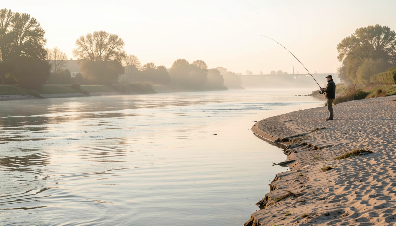 A wide view of the Loire river at first light near Tours, with a sandbank exposed on the right, a visible current line in the middle, and a single angler standing at the water's edge holding a rod bent downstream.