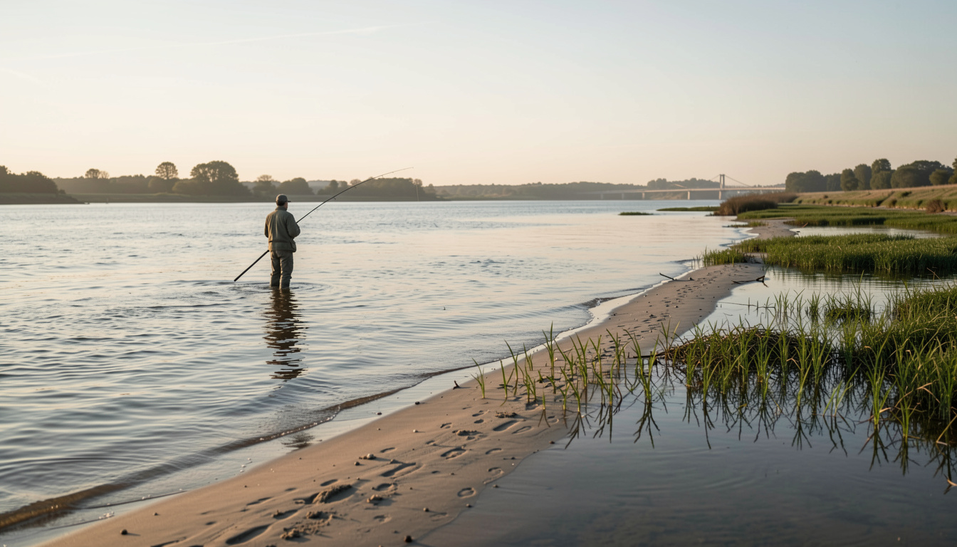 A wide sand bank on the Loire at first light, a single angler standing in shallow water with the rod bent downstream, weed beds visible along the right edge.