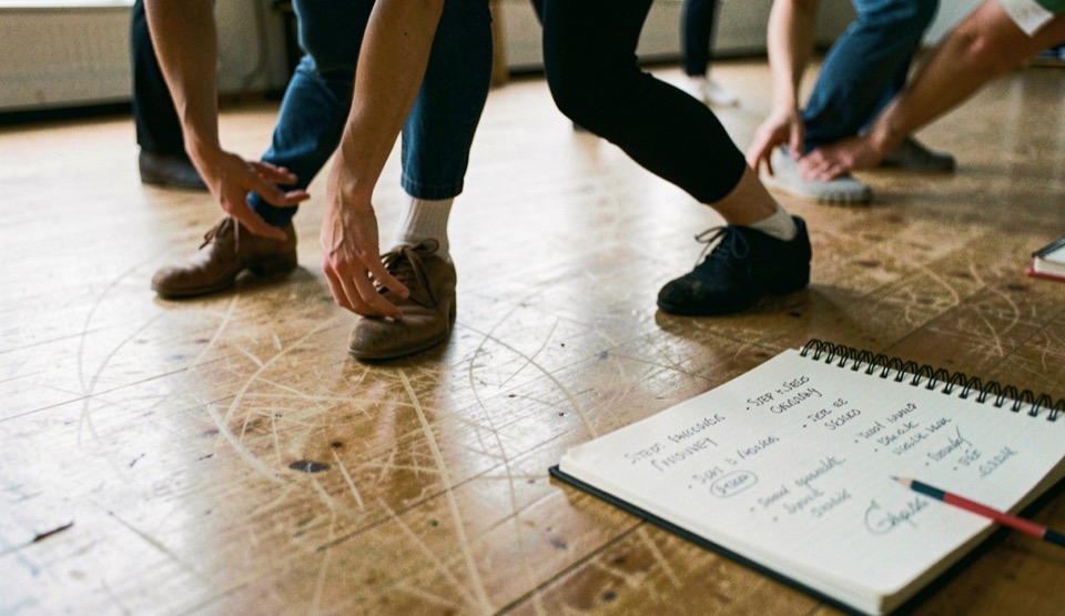 A pair of dancers practise a compact sequence while a notebook records step names and rhythms beside the floor.